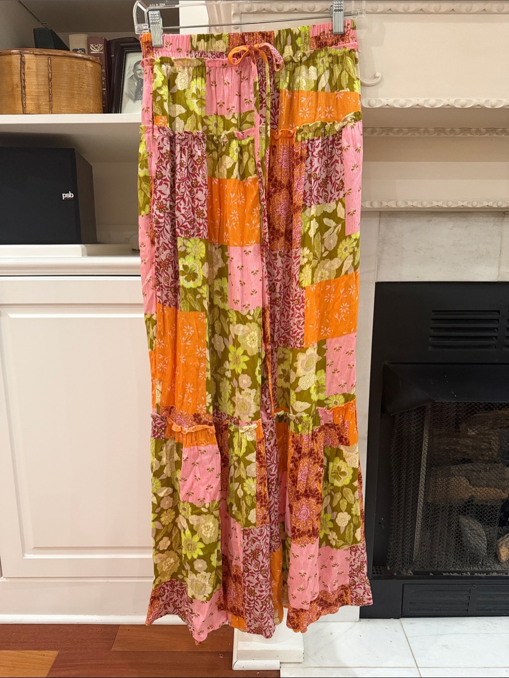 Easel Patchwork Wide Leg Pants M Pink Orange Boho Festival Floral Rayon Lounge